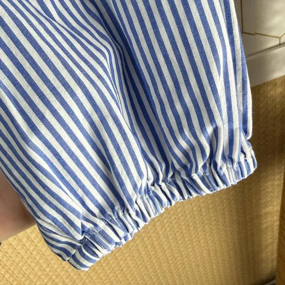 J. Crew Blue and White Puffed Sleeve Poplin Blue Striped Blouse - Size - 10